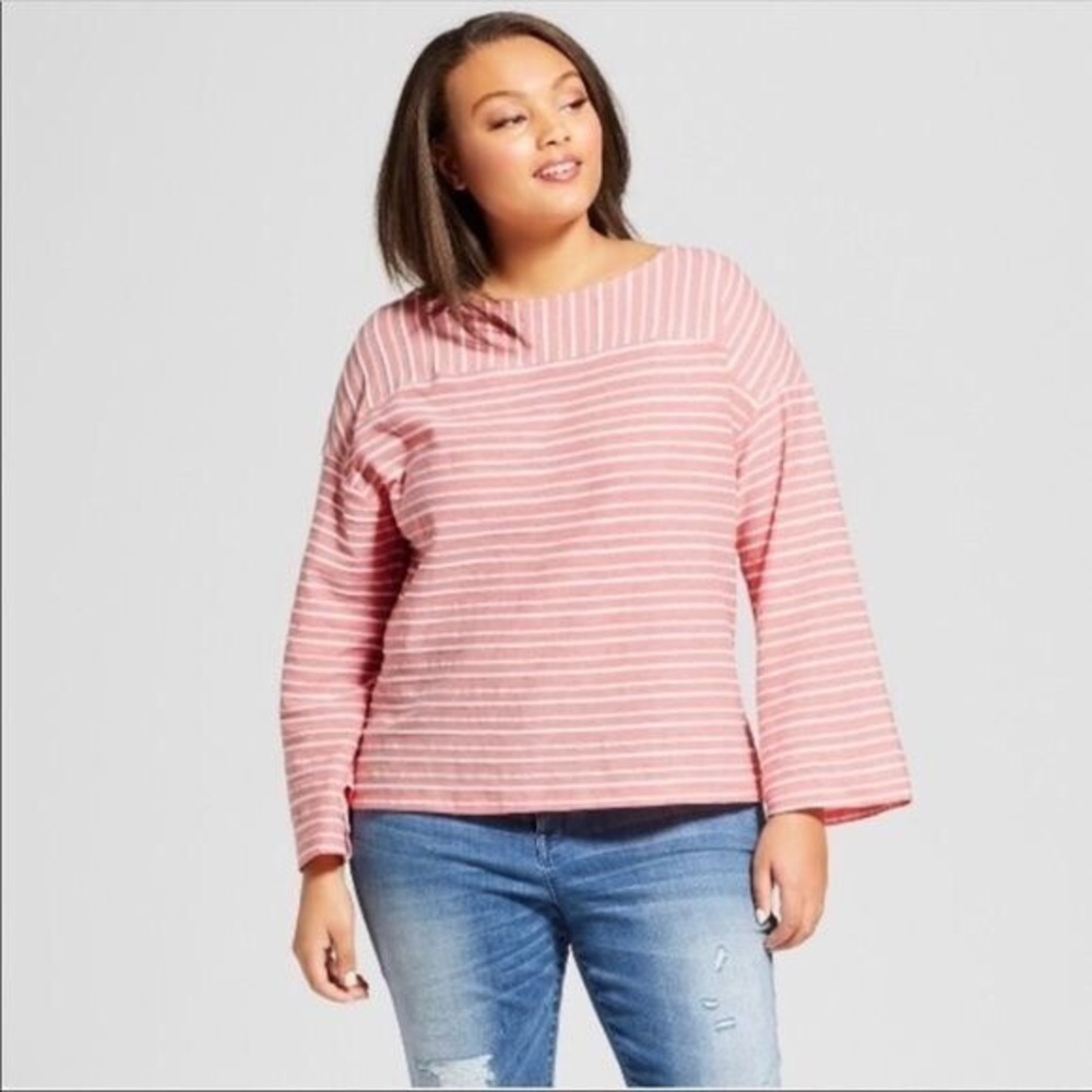 A New Day Plus Size Coral Striped Back Button Oversized Trumpet Sleeve Top
